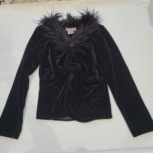 Vintage Black Velvet Feather Trim Long Sleeve Top